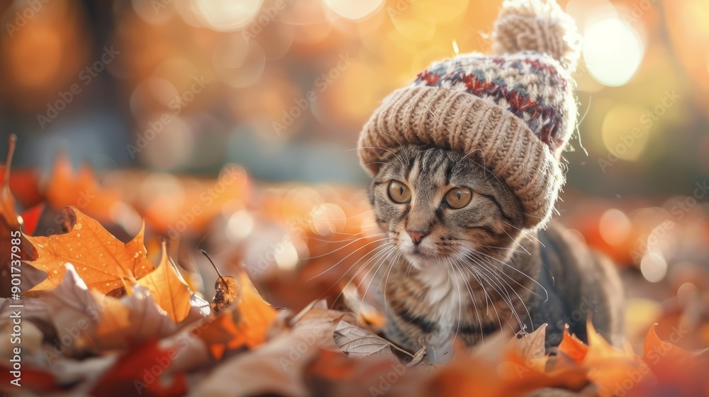 Tabby cat in brown knitted hat lies in autumn leaves Tabby cat in brown knitted hat lies in autumn leaves