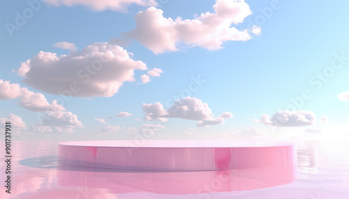 Surreal 3d featuring reflective podium in pink and blue color under a sky with fluffy clouds. 