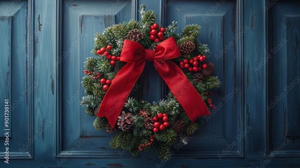 Beautiful christmas wreath with red bow, pine cones and berries hanging on a classic blue wooden door Beautiful christmas wreath with red bow, pine cones and berries hanging on a classic blue wooden door