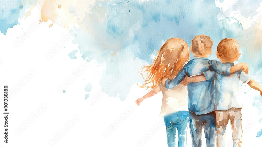 Watercolor illustration of three children with arms around each other against a blue splashed background. Concepts of friendship, unity, and World Childrens Day . Watercolor illustration of three children with arms around each other against a blue splashed background. Concepts of friendship, unity, and World Childrens Day .