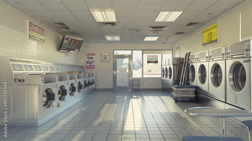 Fototapeta premium Modern laundromat interior with high-tech washing machines, business people dropping off suits