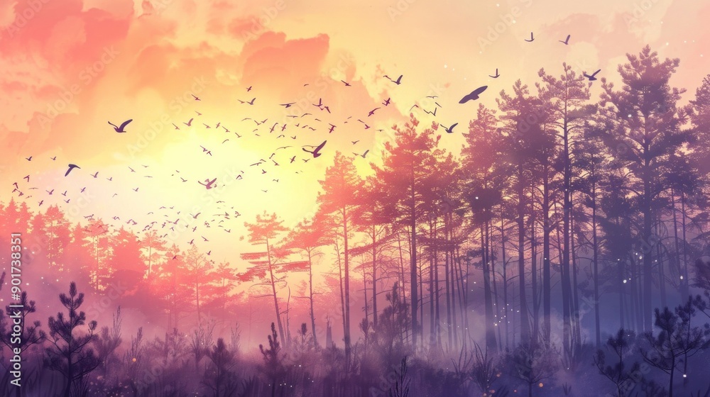 Fototapeta premium Illustrate a peaceful forest scene at dawn where the sound of birds singing is visually represented as delicate, swirling patterns in the air, blending harmoniously with the soft hues of the sunrise