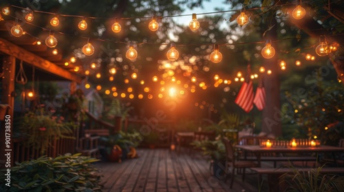 String lights illuminating a backyard deck at sunset, creating a warm and inviting ambiance