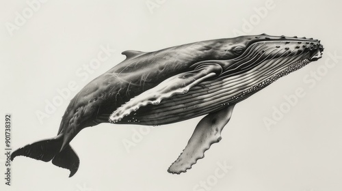 Detailed Black and White Drawing of a Humpback Whale with Visible Bumps and Folds photo