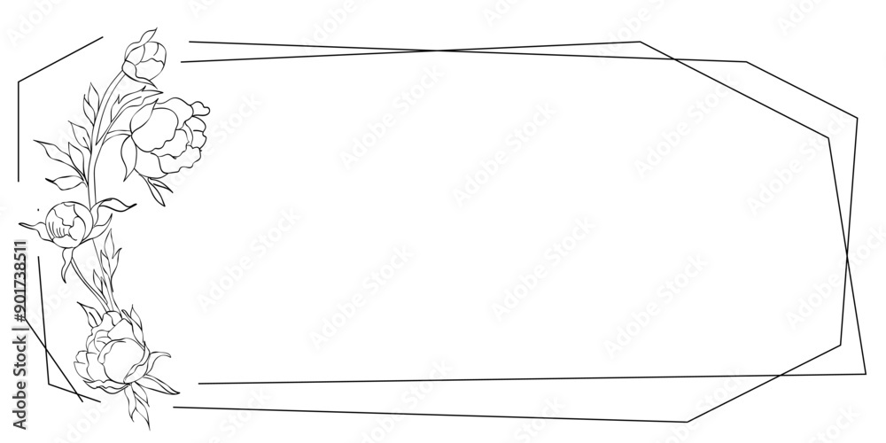 Frame with linear peony Vector isolated illustration on white background Doodle style holiday card Elegant single line drawing Printable invitation and greeting card Frame with linear peony Vector isolated illustration on white background Doodle style holiday card Elegant single line drawing Printable invitation and greeting card