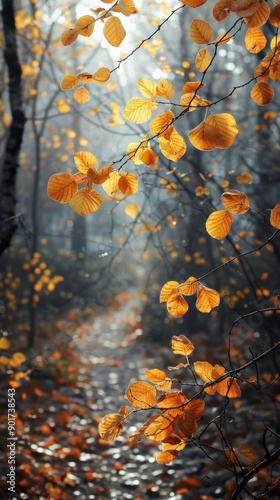 Golden leaves dance gently in the cool autumn breeze, creating a tranquil atmosphere