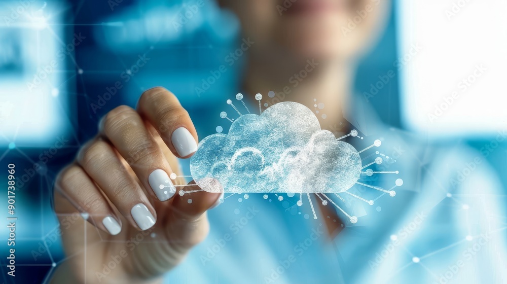 The hand-touch infographic on cloud computing and technology icons illustrates how cloud technology is centralizing lifestyle and confidential information, such as internet banking, passwords, and The hand-touch infographic on cloud computing and technology icons illustrates how cloud technology is centralizing lifestyle and confidential information, such as internet banking, passwords, and