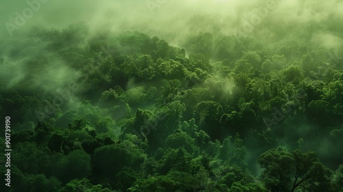 The scene captures the dense, lush green trees shrouded in a mystical layer of fog, creating a serene and tranquil atmosphere. The forest is rich with various shades of green. 