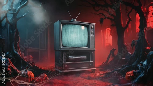 Halloween in scary Forest shaped room, with old television, seamless looping 4k video animation