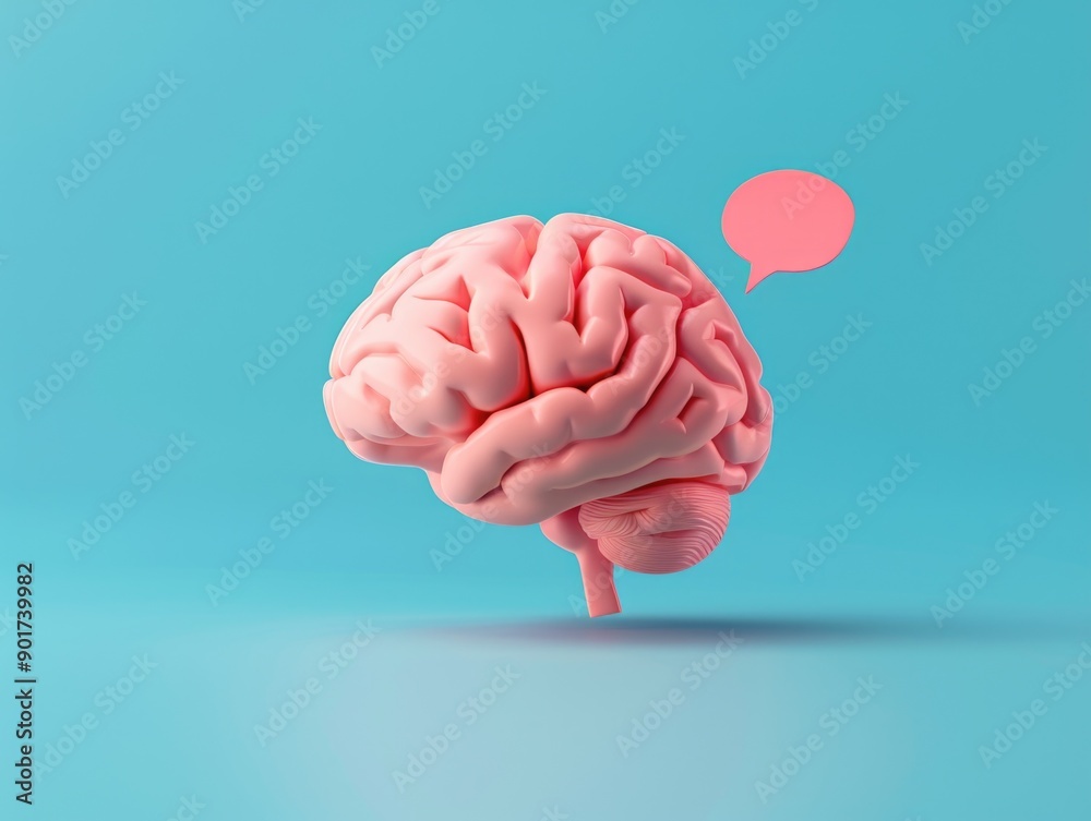 A 3D model of the human brain in pink color on a blue background, ideal for medical and education uses A 3D model of the human brain in pink color on a blue background, ideal for medical and education uses