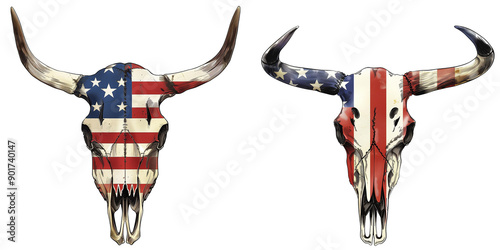 vintage cow/ bull skull clipart with usa flag pattern,  illustration on transparent background