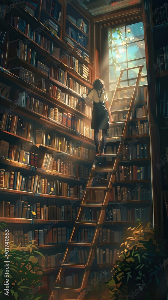 Illustrations of a Person Climbing a Ladder in a Cozy Library. Book background flat cartoon style. AI generated image Illustrations of a Person Climbing a Ladder in a Cozy Library. Book background flat cartoon style. AI generated image
