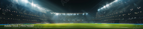 A panoramic view of a modern football stadium illuminated at night with empty stands and a well-maintained grass pitch ready for a match