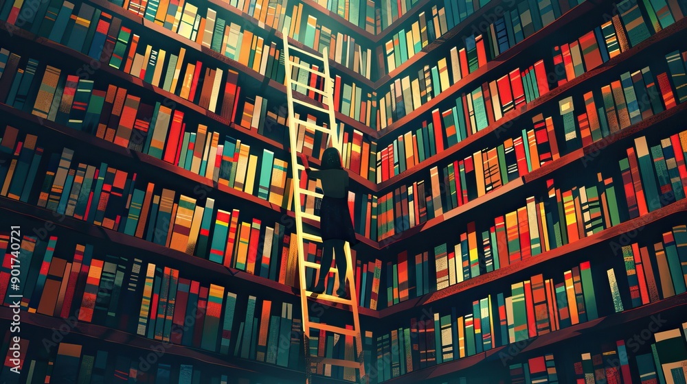 Illustrations of a Person Climbing a Ladder in a Cozy Library. Book background flat cartoon style. AI generated image Illustrations of a Person Climbing a Ladder in a Cozy Library. Book background flat cartoon style. AI generated image