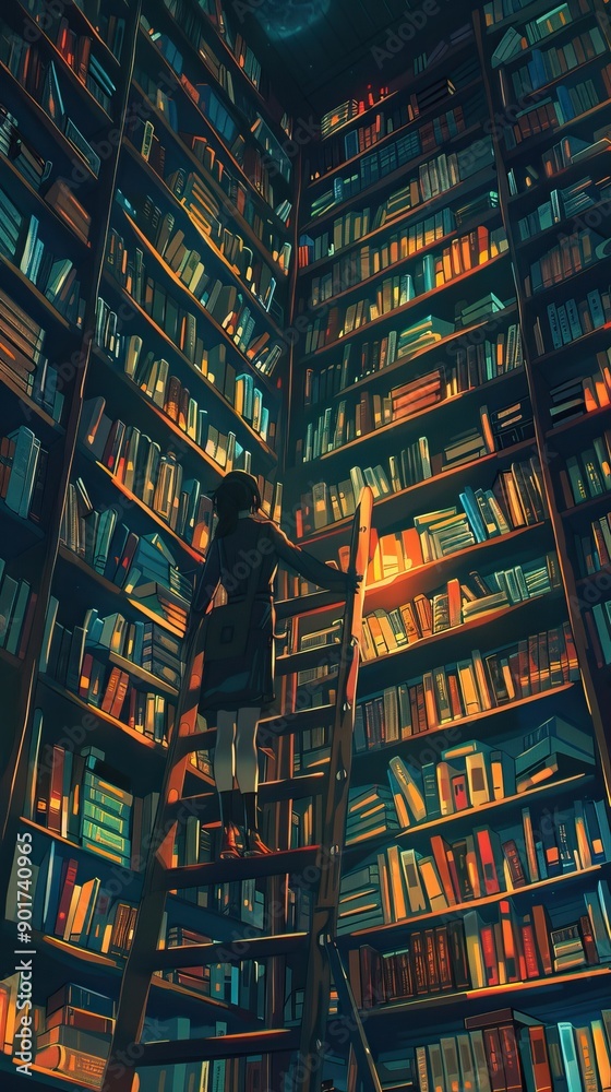Illustrations of a Person Climbing a Ladder in a Cozy Library. Book background flat cartoon style. AI generated image Illustrations of a Person Climbing a Ladder in a Cozy Library. Book background flat cartoon style. AI generated image