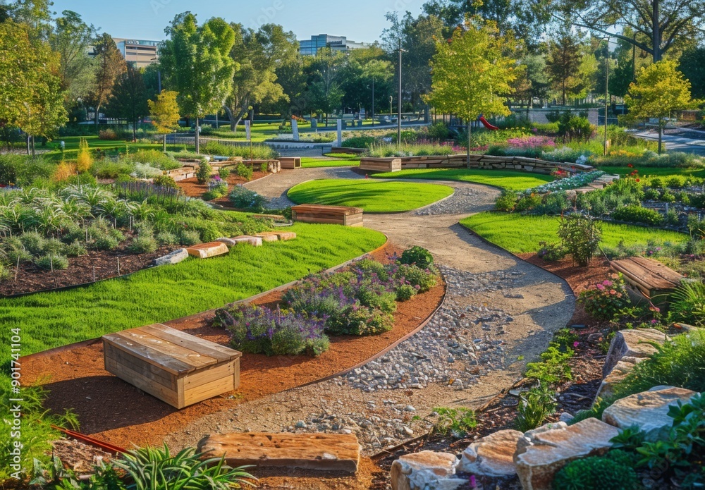 A panoramic view of a well organized community garden, with diverse plants, walking paths, and seating areas for relaxation A panoramic view of a well organized community garden, with diverse plants, walking paths, and seating areas for relaxation