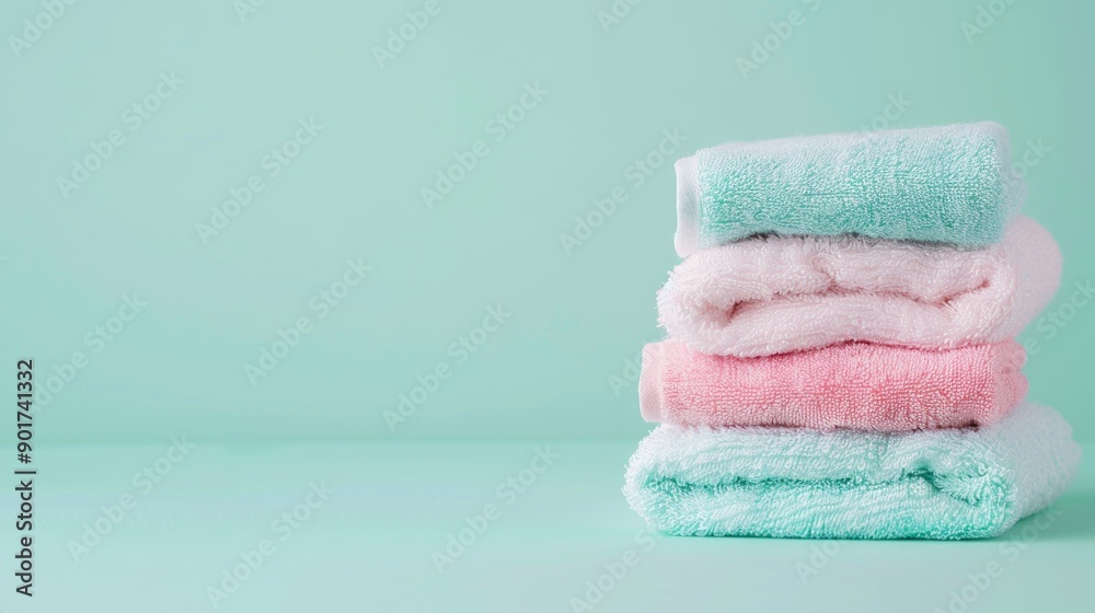 White, pink and turquoise towels are stacked on top of each other against a pastel green background. White, pink and turquoise towels are stacked on top of each other against a pastel green background.