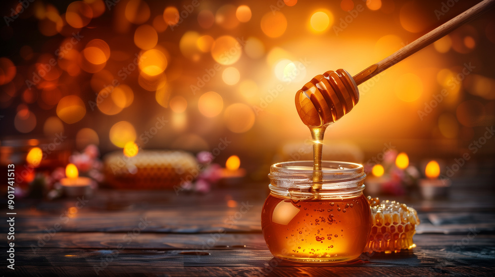 A jar of honey is poured into a glass A jar of honey is poured into a glass