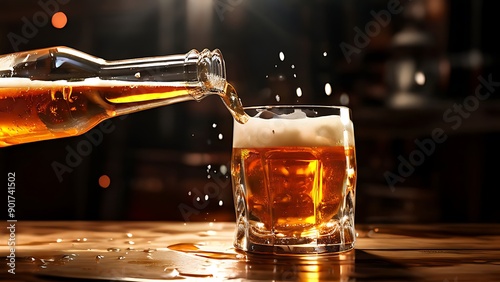pouring beer from beer bottle to beer glass, Generative AI