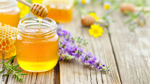 A jar of honey is poured into a glass photo