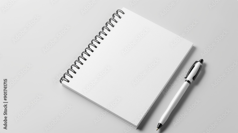 Blank notepad and pen on minimalist background. A pristine notepad with a spiral binding lies ready for inspiration, accompanied by a sleek pen, on a clean, bright background. Blank notepad and pen on minimalist background. A pristine notepad with a spiral binding lies ready for inspiration, accompanied by a sleek pen, on a clean, bright background.