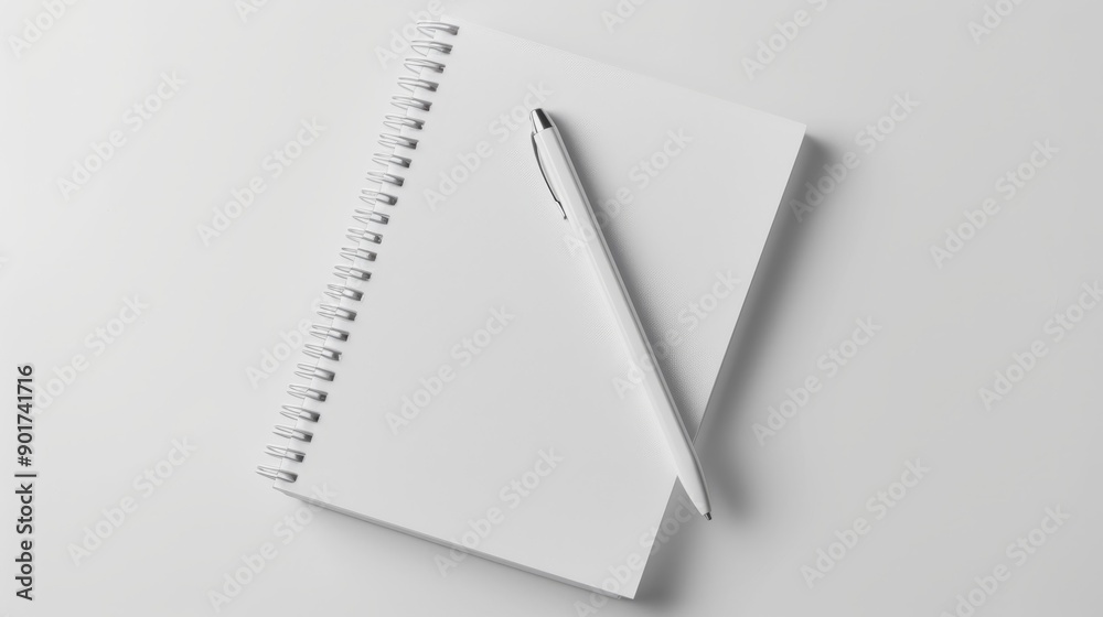 Blank notebook and pen for notes. A white spiral notebook lays on a table ready for writing with a white pen beside it.