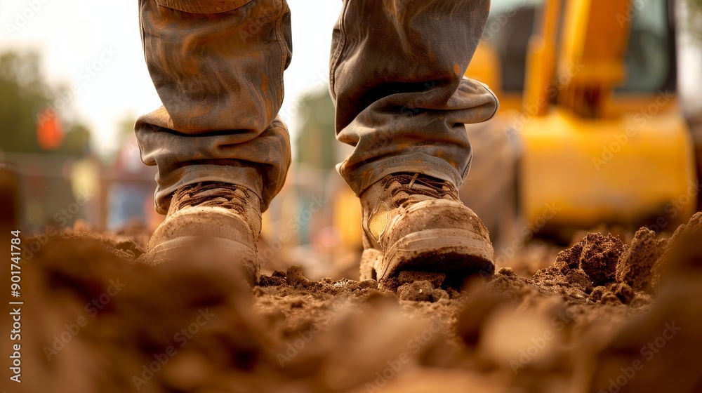 Close-up of muddy construction boots on work site Close-up of muddy construction boots on work site