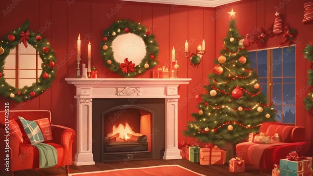Cozy and nostalgic atmosphere with an animation of a fireplace adorned with vintage ornaments and stockings Cozy and nostalgic atmosphere with an animation of a fireplace adorned with vintage ornaments and stockings