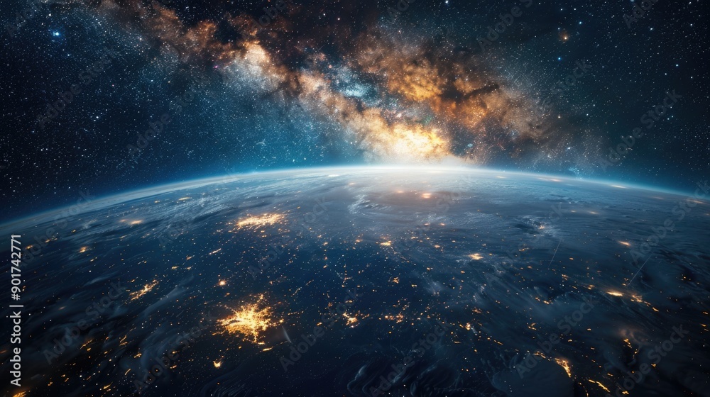 Fototapeta premium Image of the Earth from space at night with city lights and stars visible