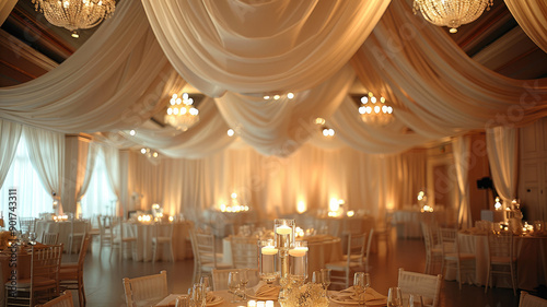 The wedding hall decorated with white fabric drapes hanging from the ceiling, candlelight illuminating tables set for guests. creating an atmosphere perfect for a grandiose reception. Generative AI.