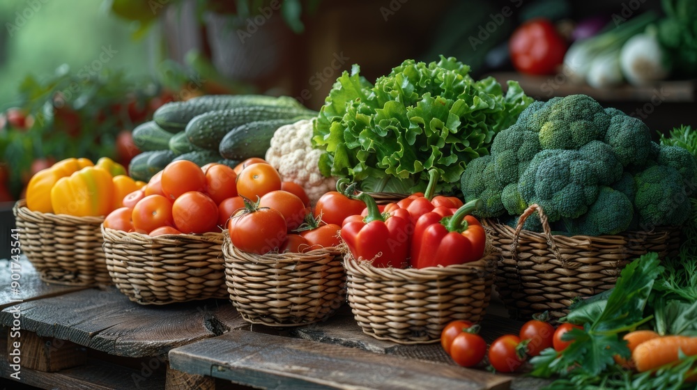 Fresh organic vegetables lying in wicker baskets on wooden table at local farmer market Fresh organic vegetables lying in wicker baskets on wooden table at local farmer market