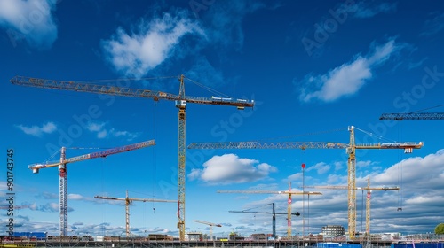 Several construction cranes against blue sky background.