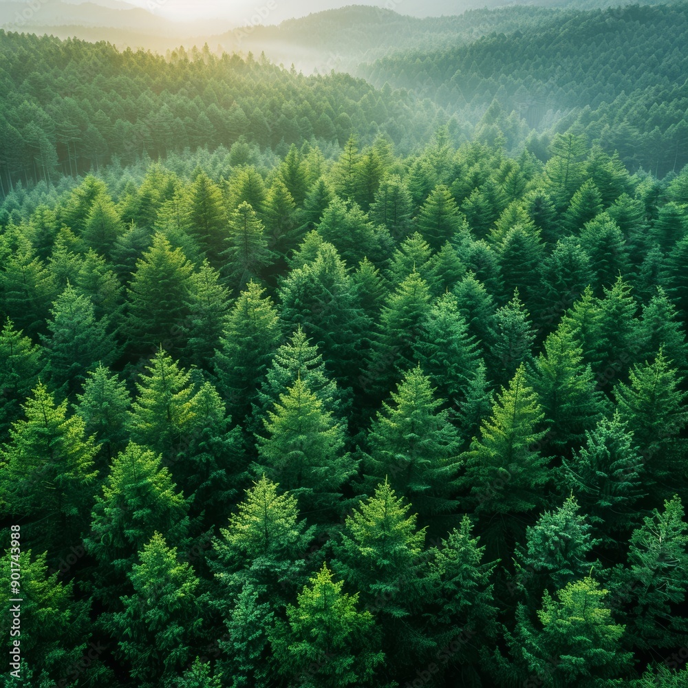 Lush Green Pine Forest Under Soft Morning Light in Tranquil Mountain Landscape. Generative AI Lush Green Pine Forest Under Soft Morning Light in Tranquil Mountain Landscape. Generative AI