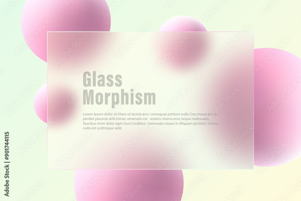 Glass morphism effect. Transparent glass banner with pink spheres. Glass morphism effect. Transparent glass banner with pink spheres.