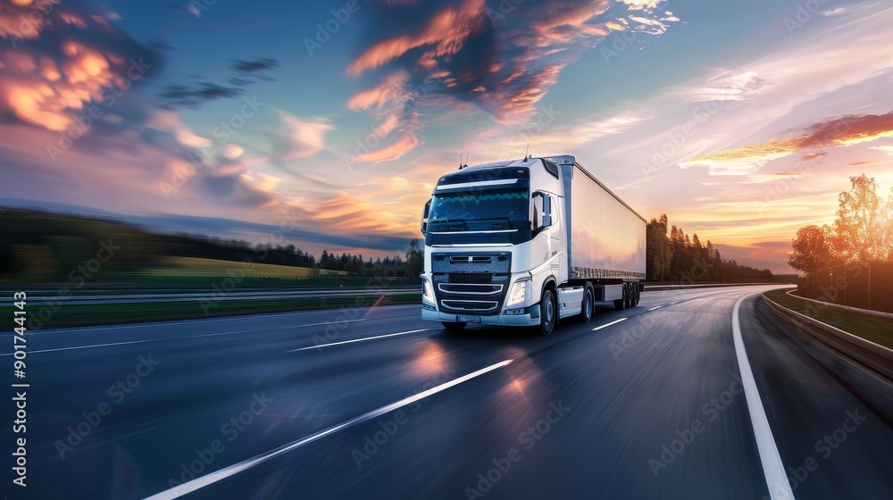 Modern truck driving swiftly on a highway at sunset. Modern truck driving swiftly on a highway at sunset.