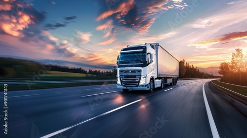 Modern truck driving swiftly on a highway at sunset.