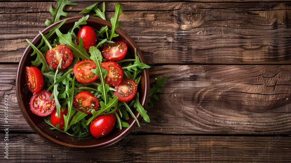 Fresh tomato and arugula salad on wooden surface Top view with space for text Fresh tomato and arugula salad on wooden surface Top view with space for text