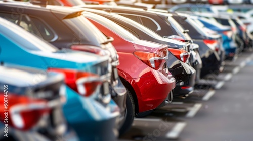 Row of colorful cars parked in a parking lot at sunset.