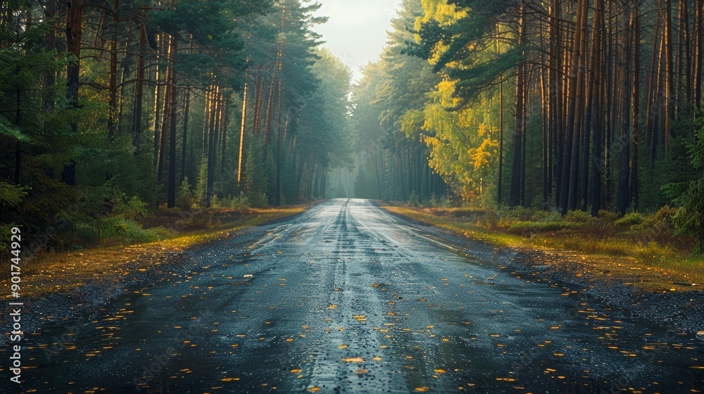 Obraz premium Misty Autumn Morning Along a Quiet Road Surrounded by Tall Pine Trees. Generative AI