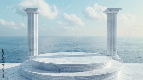 3D rendering of a white marble circular podium stage with columns, set against an ocean backdrop.