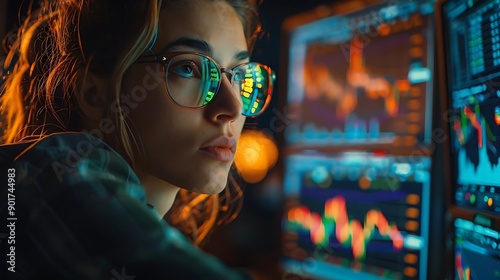 Focused Trader Analyzing Stock Market Charts on Multiple Screens