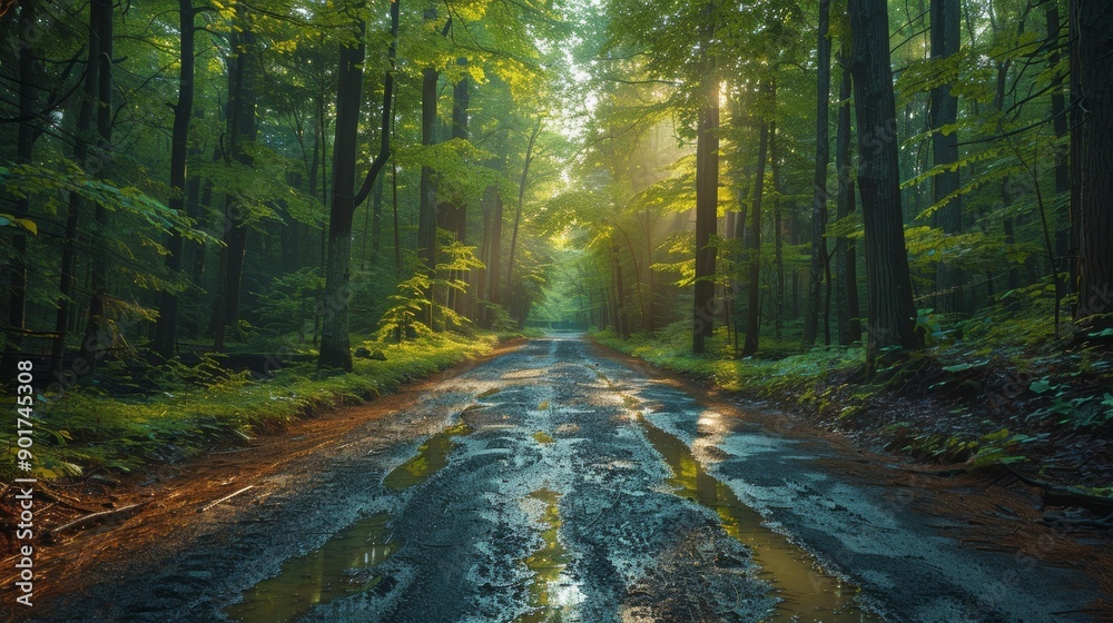 Obraz premium Serene Forest Pathway Drenched in Morning Light After Rainfall in Tranquil Woodland Area. Generative AI