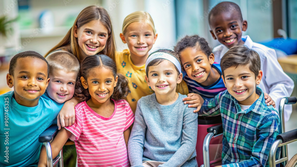 Group of Multi-ethnic children looking at camera and posing together. Diverse different cool school students boys and girls wide angle. Concept diversity and inclusion
