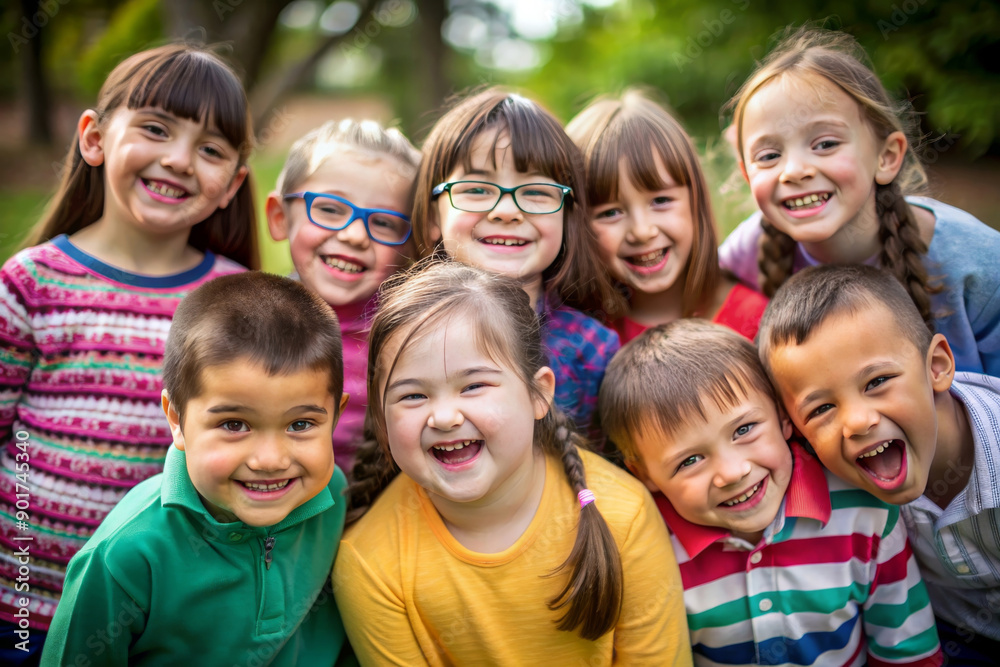 Group of Multi-ethnic children looking at camera and posing together. Diverse different cool school students boys and girls wide angle. Concept diversity and inclusion