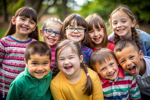 Group of Multi-ethnic children looking at camera and posing together. Diverse different cool school students boys and girls wide angle. Concept diversity and inclusion 