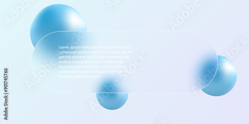Light purple spheres and glass banner abstract background in glass morphism style.