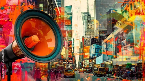 Vibrant collage art with loudspeaker and cityscape. Photomontage of street view, colorful abstracts