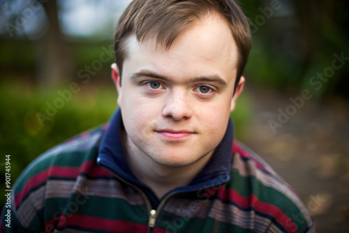 young man with special needs in a summer park outdoors. Portrait of happy mentally disabled male with down syndrome smilling