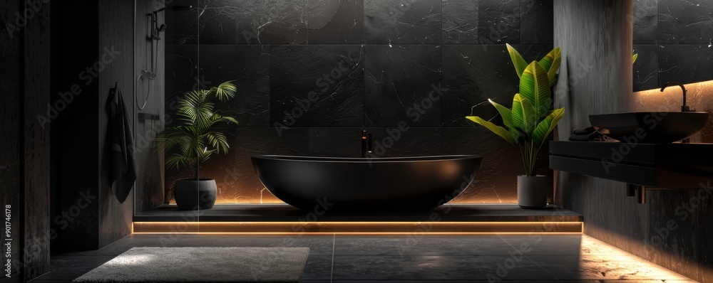 Modern minimalist bathroom interior with black bathtub and dark marble walls Modern minimalist bathroom interior with black bathtub and dark marble walls