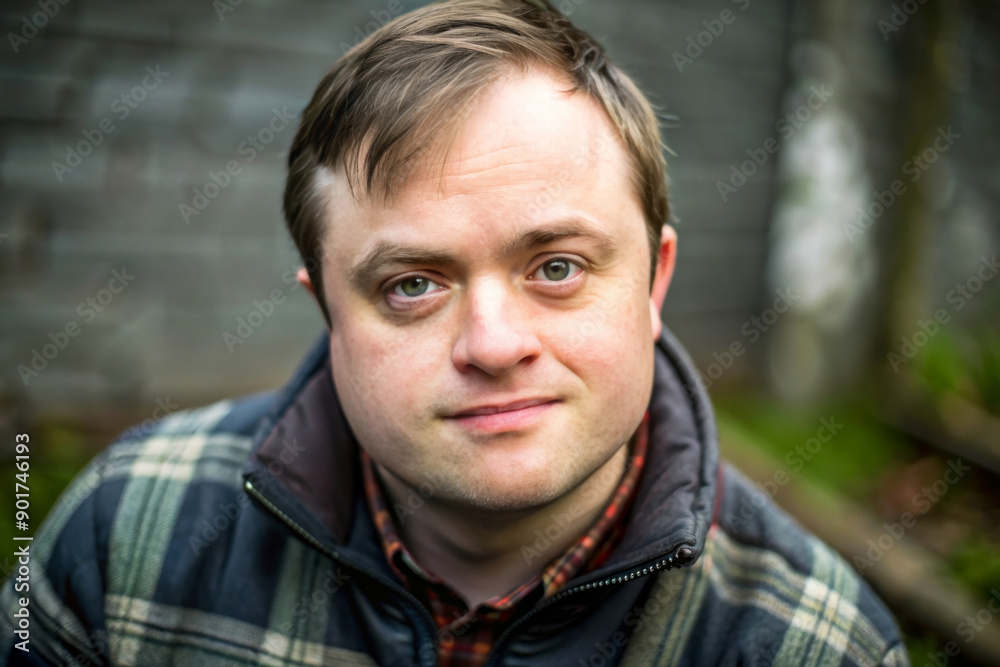 young man with special needs in a summer park outdoors. Portrait of happy mentally disabled male with down syndrome smilling young man with special needs in a summer park outdoors. Portrait of happy mentally disabled male with down syndrome smilling